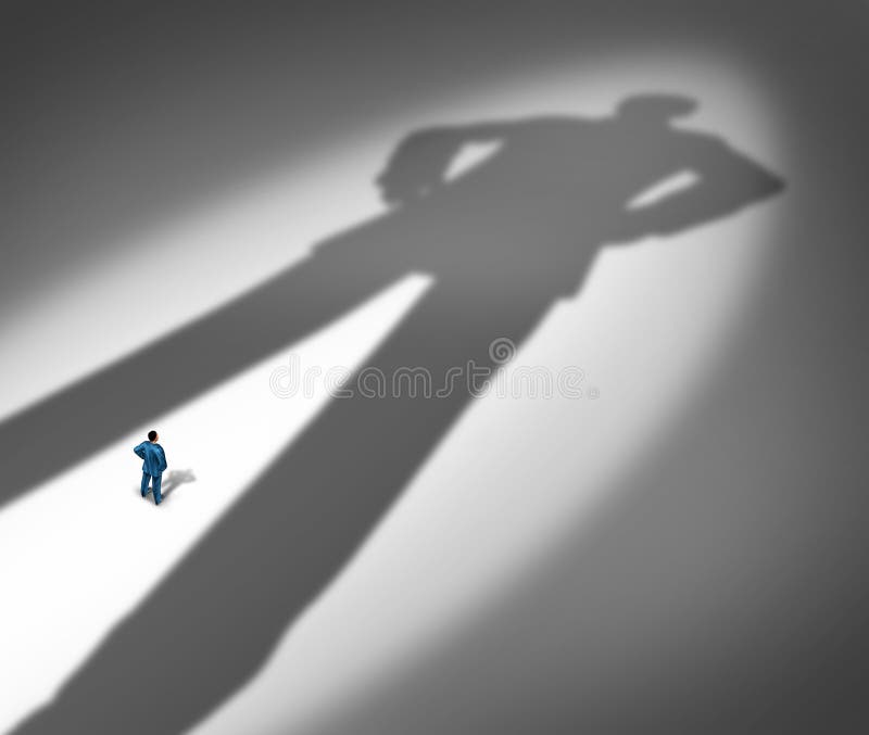 Under a shadow business metaphor for living under a powerful leader or the little guy or small business competing against giants as a businessman facing a huge darkness shaped as a giant man as a symbol of a bodyguard or guardian angel. Under a shadow business metaphor for living under a powerful leader or the little guy or small business competing against giants as a businessman facing a huge darkness shaped as a giant man as a symbol of a bodyguard or guardian angel.