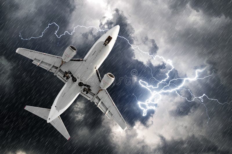 Airplane approach at the airport landing in bad weather storm hurricane rain llightning strike. Airplane approach at the airport landing in bad weather storm hurricane rain llightning strike.