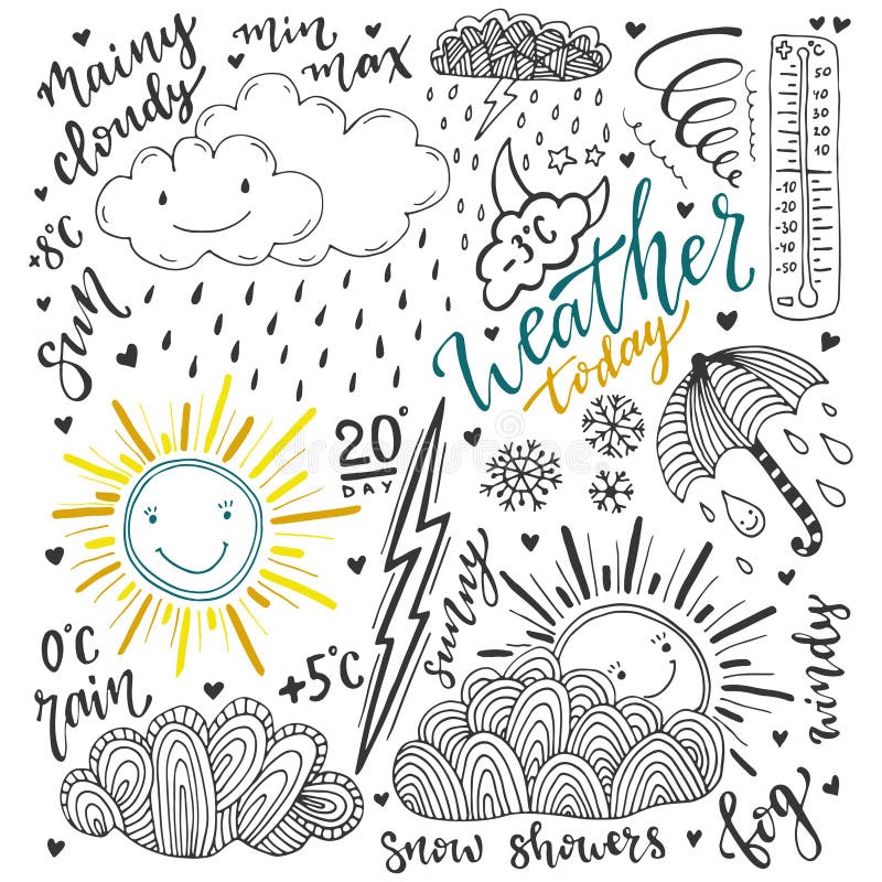 Погода doodles комплект значка Нарисованная рукой иллюстрация эскиза с литерностью иллюстрация штока Погода doodles комплект значка Нарисованная рукой иллюстрация эскиза с литерностью иллюстрация штока