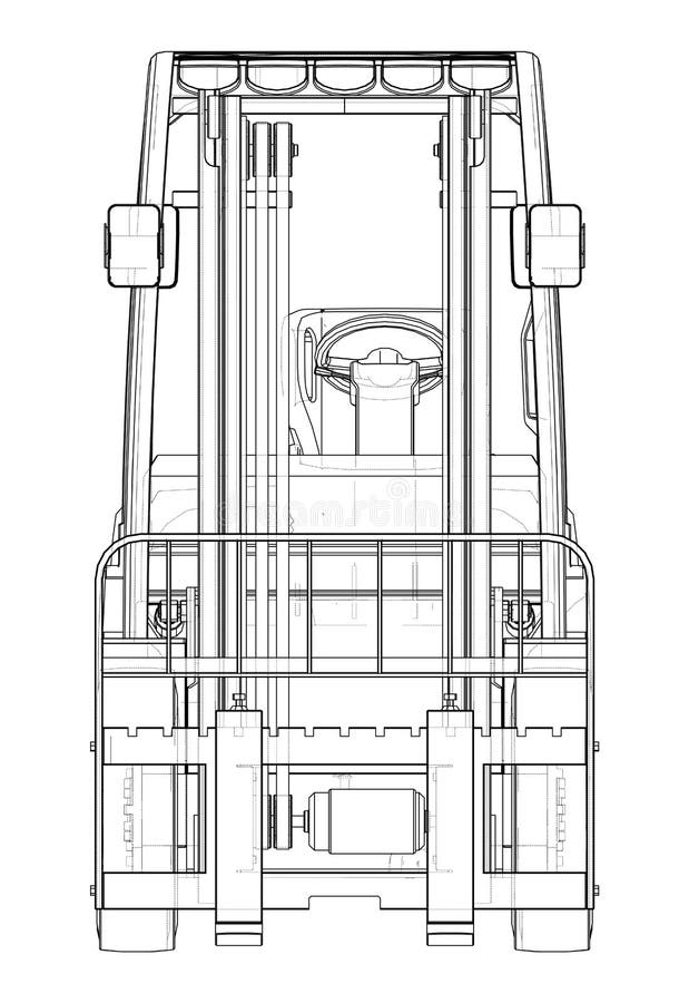 Forklift Vector rendering of 3d. Wire-frame style. The layers of visible and invisible lines are separated. Orthography. Forklift Vector rendering of 3d. Wire-frame style. The layers of visible and invisible lines are separated. Orthography