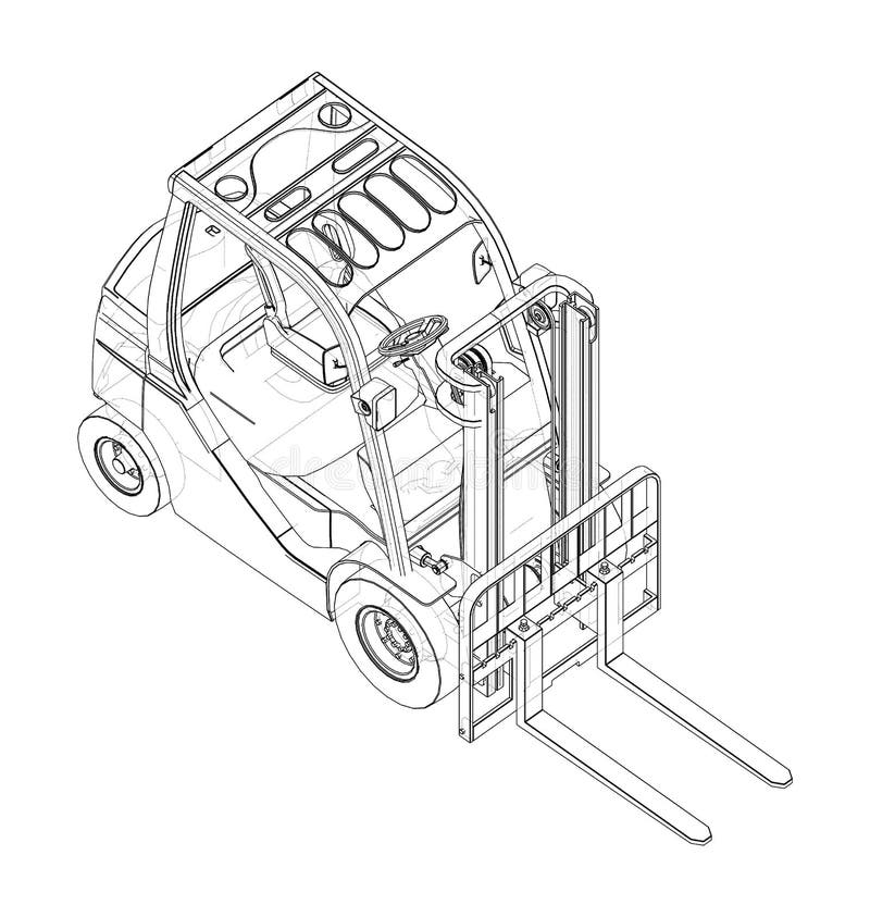 Forklift Vector rendering of 3d. Wire-frame style. The layers of visible and invisible lines are separated. Orthography. Forklift Vector rendering of 3d. Wire-frame style. The layers of visible and invisible lines are separated. Orthography