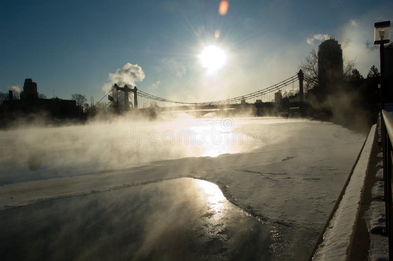 Minneapolis Hennepin Bridge and Mississippi River at Fourteen Below Zero. Minneapolis Hennepin Bridge and Mississippi River at Fourteen Below Zero