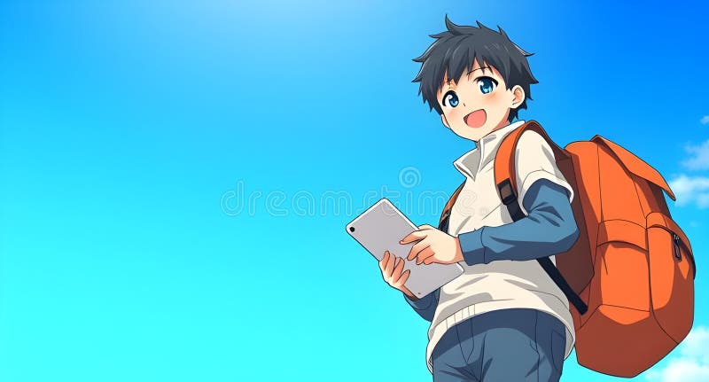Под голубым небом скрывается планшет и улыбается студент-холдинг AIGenerated Anime стоковое фото rf