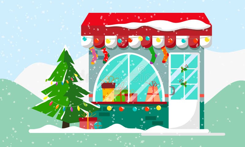 Подарок или настоящие моменты рождества ходят по магазинам Xmas зимы, торговый центр для семьи Рынок для торжества, фасад e празд иллюстрация вектора Подарок или настоящие моменты рождества ходят по магазинам Xmas зимы, торговый центр для семьи Рынок для торжества, фасад e празд иллюстрация вектора