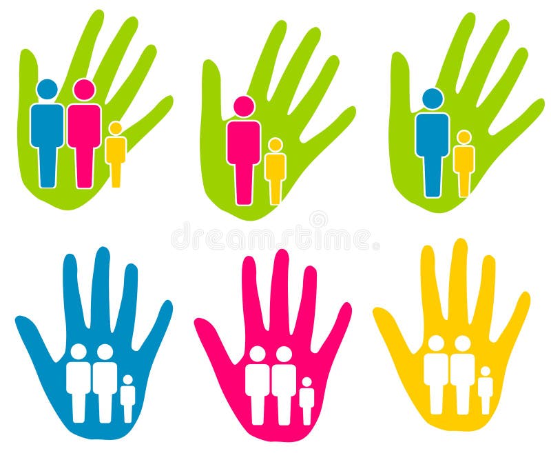 An illustration featuring your choice of 6 family related images in different colours depicting single and dual family situations on hands. An illustration featuring your choice of 6 family related images in different colours depicting single and dual family situations on hands