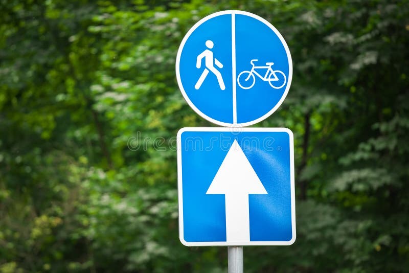 Signs in the park. Road for cyclists. Sports activities. Signs in the park. Road for cyclists. Sports activities.