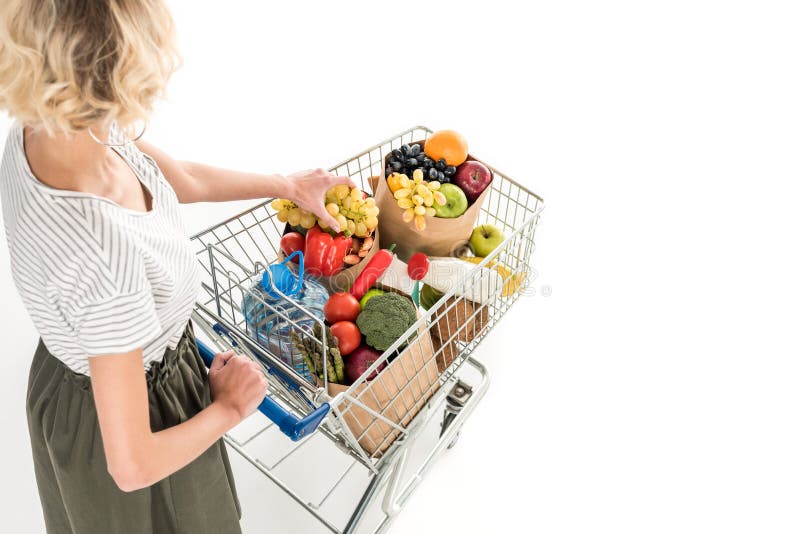 подрезанная съемка молодой женщины нажимая вагонетку покупок с продуктовыми сумками и пластичной бутылкой воды стоковые изображения подрезанная съемка молодой женщины нажимая вагонетку покупок с продуктовыми сумками и пластичной бутылкой воды стоковые изображения