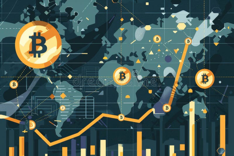 Подробная иллюстрация диаграммы роста биткоина на различных валютных рынках, показывающая тенденции рынка иллюстрация штока