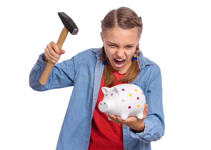 Portrait of teen girl holding Piggy Bank and Hammer. Cute caucasian young teenager isolated on white background. Saving Money concept. Crazy funny child about to break his piggybank. Portrait of teen girl holding Piggy Bank and Hammer. Cute caucasian young teenager isolated on white background. Saving Money concept. Crazy funny child about to break his piggybank