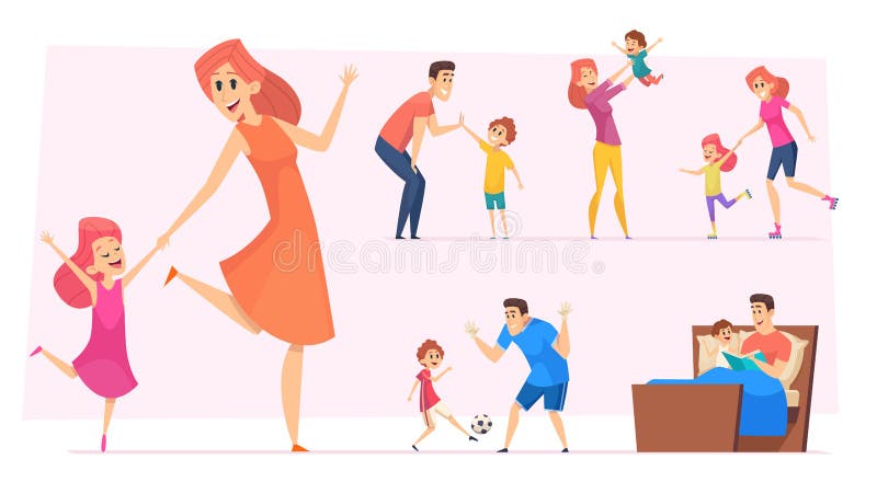 Подходящее время для детей. Счастливые родители с детьми, играя учимся танцевать мать отца с набором вектора сына и дочь иллюстрация штока