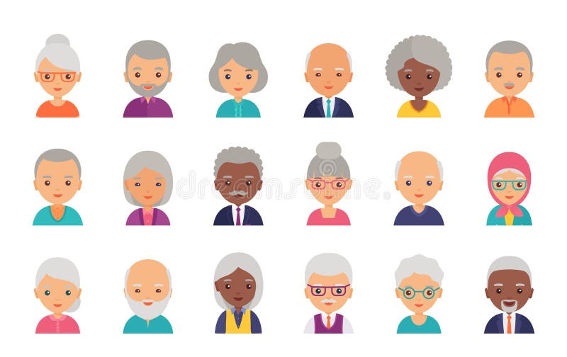 Old people avatar. Vector.  Person flat icon. Elderly seniors. Set happy grandfathers and grandmothers faces. Group retired grandparents characters isolated on white background. Cartoon illustration. Old people avatar. Vector.  Person flat icon. Elderly seniors. Set happy grandfathers and grandmothers faces. Group retired grandparents characters isolated on white background. Cartoon illustration