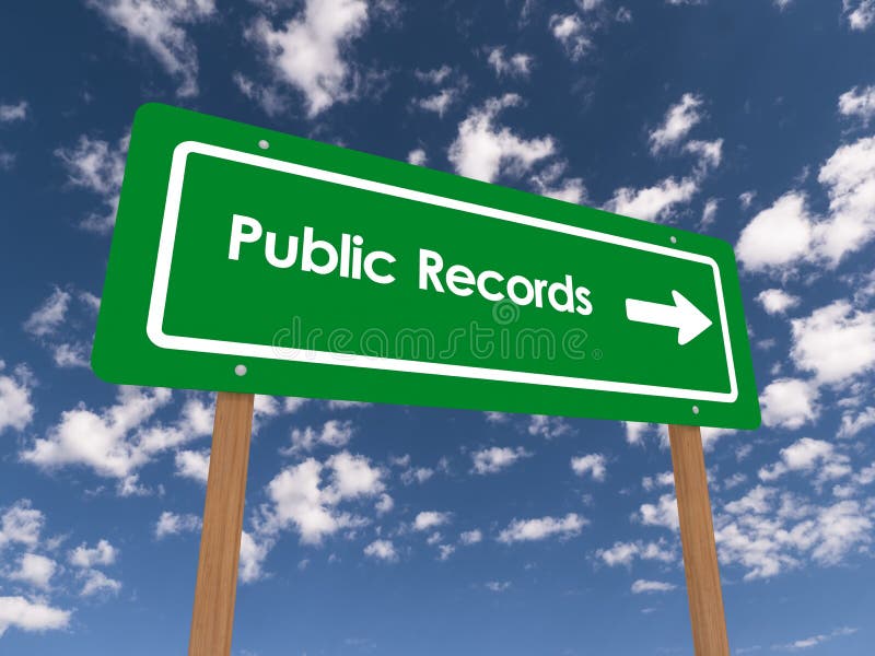 Text "Public Records" in bold white letters on a green highway style sign board with a background of blue sky and fluffy clouds. Text "Public Records" in bold white letters on a green highway style sign board with a background of blue sky and fluffy clouds.
