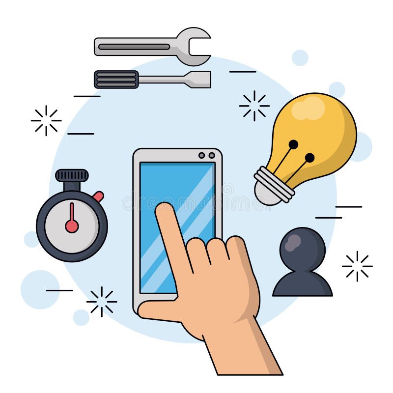 Покрасьте предпосылку с smartphone и рукой в конце вверх с значками таймера вахты и инструментов и электрической лампочки и болто иллюстрация штока