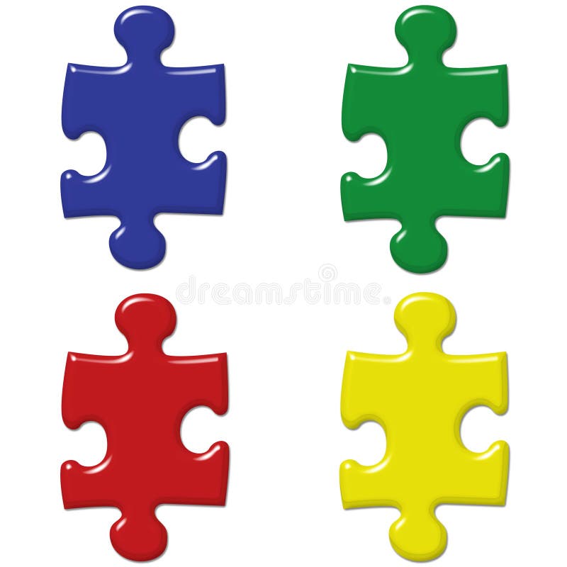 Set of 4 3D Puzzle Pieces in Primary colors isolated on white symbolizing Autism Awareness or, in a Business environment, the development of a solution through Teamwork. Set of 4 3D Puzzle Pieces in Primary colors isolated on white symbolizing Autism Awareness or, in a Business environment, the development of a solution through Teamwork.