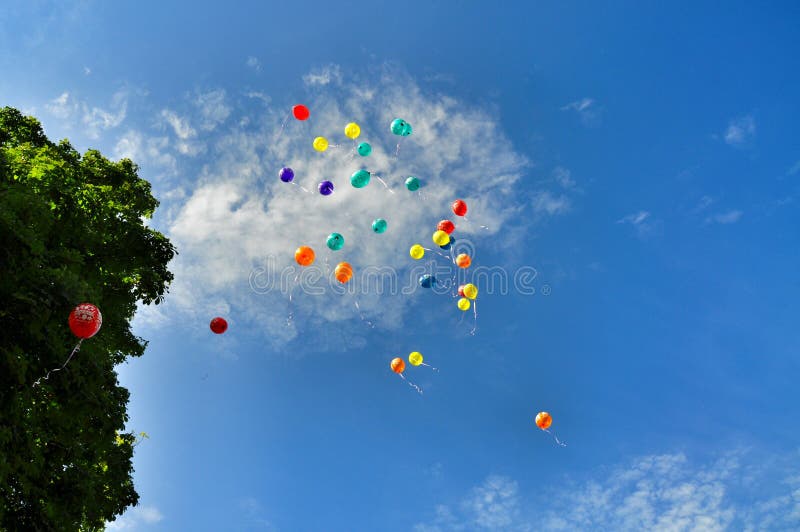 Multi-coloured balloons depart to the sky. Multi-coloured balloons depart to the sky