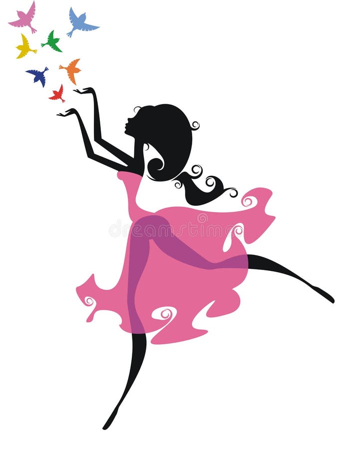 Silhouette of a girl with colored birds.Illustration. Silhouette of a girl with colored birds.Illustration