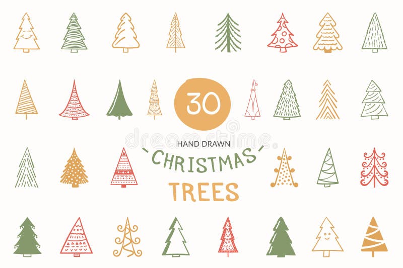 30 покрашенных рождественских елок руки вычерченных, иллюстрация вектора eps10