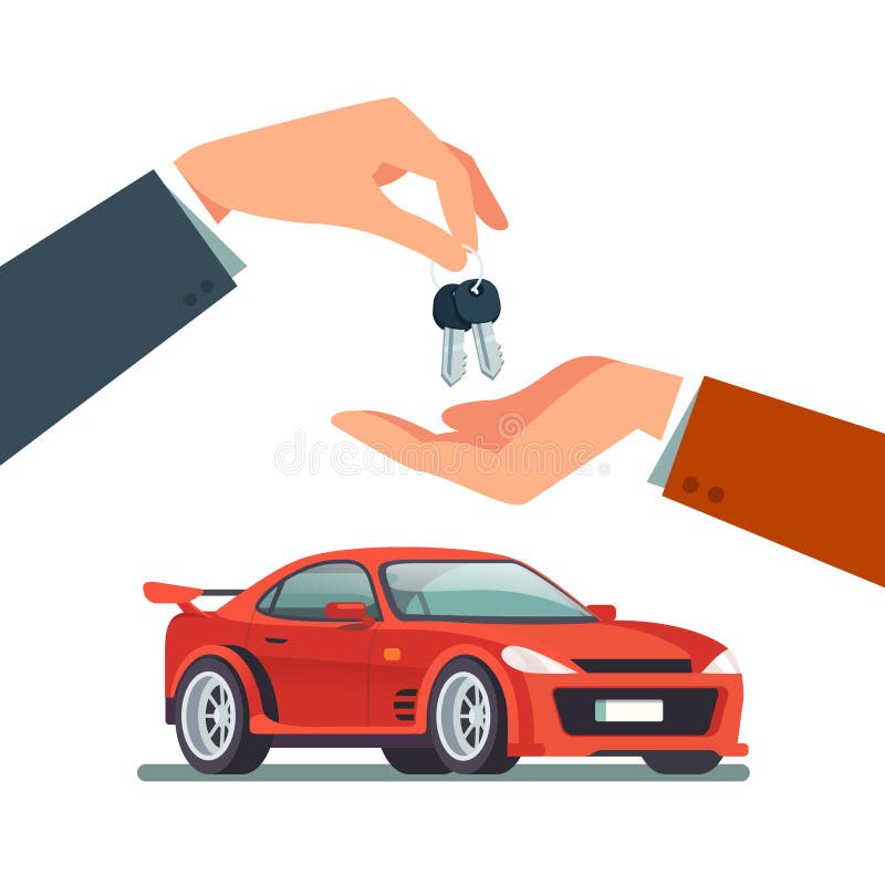 Buying or renting a new or used red and speedy sports car. Dealer giving keys chain to a buyer hand. Modern flat style vector illustration isolated on white background. Buying or renting a new or used red and speedy sports car. Dealer giving keys chain to a buyer hand. Modern flat style vector illustration isolated on white background.