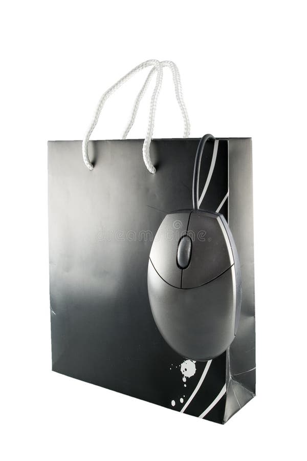 Shopping bag and grey computer mouse with wire. Shopping bag and grey computer mouse with wire