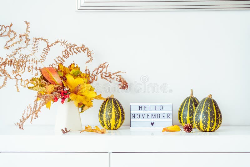 Поле с текстом HELLO NOVEMBER, декоративные полосатые насосы и ваза с букетом падающих листьев и паром на белой груди, стол стоковая фотография rf