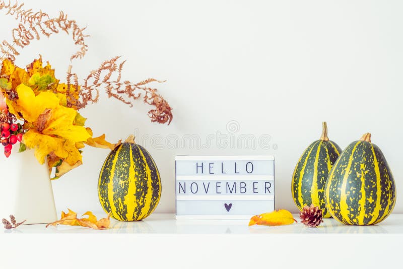 Поле с текстом HELLO NOVEMBER, декоративные полосатые насосы и ваза с букетом падающих листьев и паром на белой груди, стол стоковое изображение