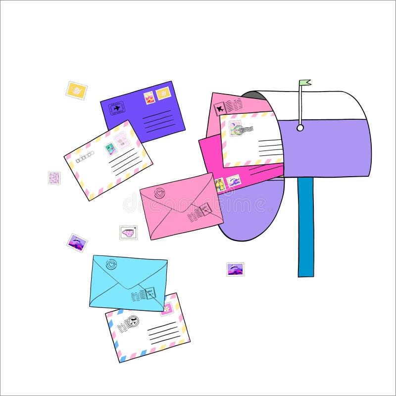 Cute mailbox with outgoing letters and stamps vector illustration