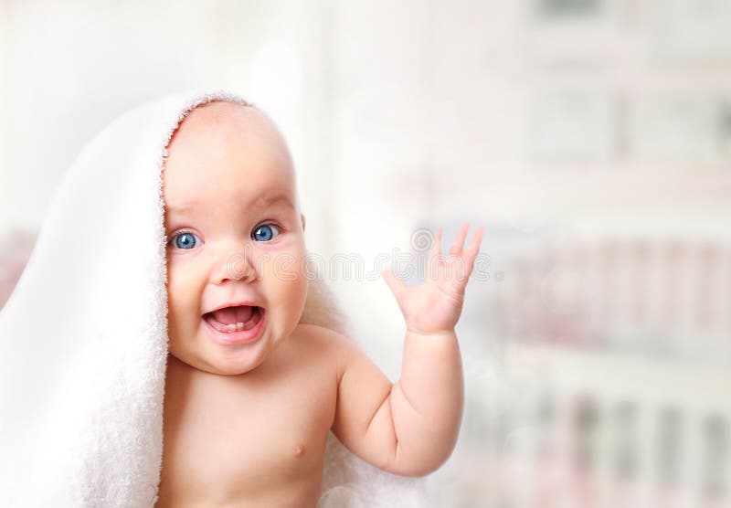 Baby in bathroom towel background empty space. Baby in bathroom towel background empty space.