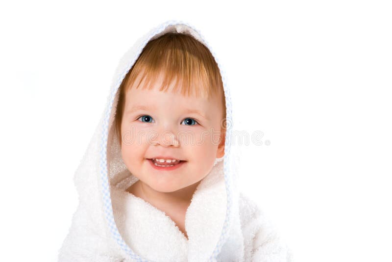 Beauty smile baby in towel on white background. Beauty smile baby in towel on white background