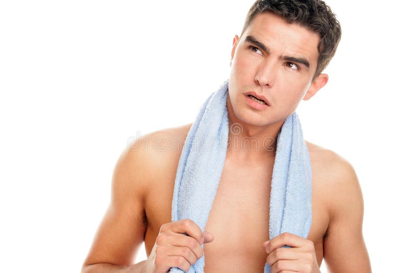 Portrait of young man with towel around neck isolated on white background. Portrait of young man with towel around neck isolated on white background