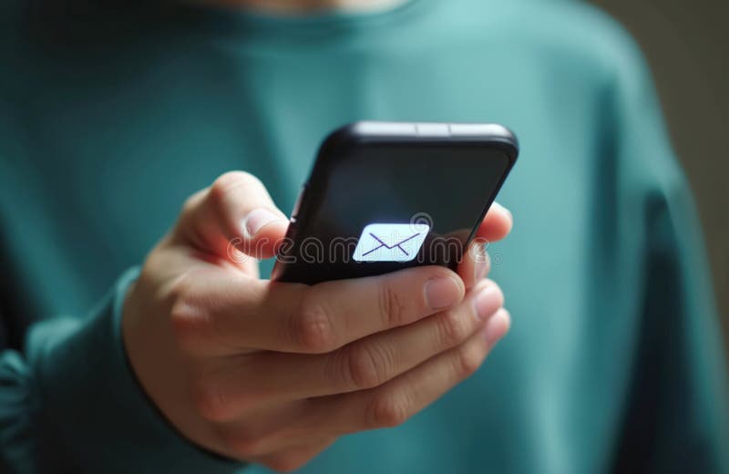 Пользователь использует почту для проверки смартфона. Мобильный телефон отображает уведомление по электронной почте. Человек, кото иллюстрация вектора
