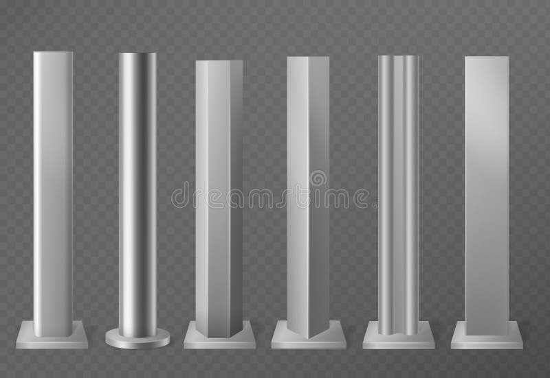 Metal poles. Metalic pillars for urban advertising sign and billboard. Polish steel columns in different section shapes 3d vector street base aluminum constructing set. Metal poles. Metalic pillars for urban advertising sign and billboard. Polish steel columns in different section shapes 3d vector street base aluminum constructing set