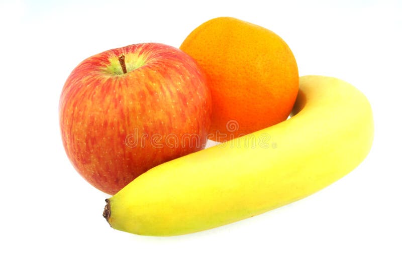 Banana apple and orange isolated against white. Banana apple and orange isolated against white.