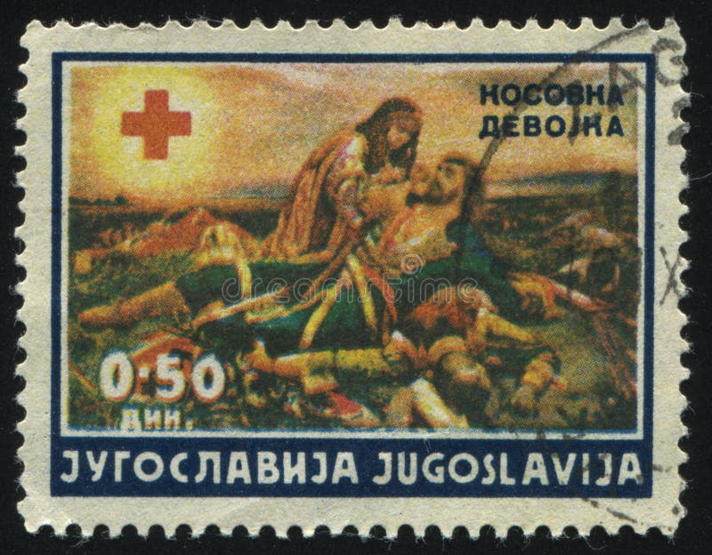 RUSSIA KALININGRAD, 12 NOVEMBER 2016: stamp printed by Yugoslavia, shows the painting Aiding the wounded, circa 1938. RUSSIA KALININGRAD, 12 NOVEMBER 2016: stamp printed by Yugoslavia, shows the painting Aiding the wounded, circa 1938