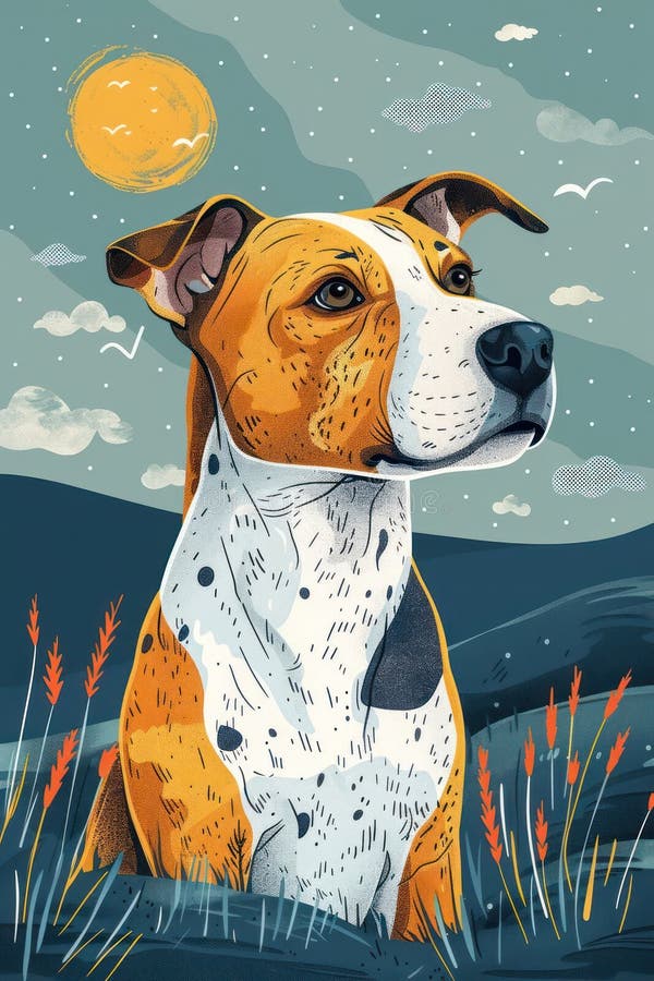Портрет Serene Pit Bull Terrier на фоне пейзажа заката иллюстрация штока