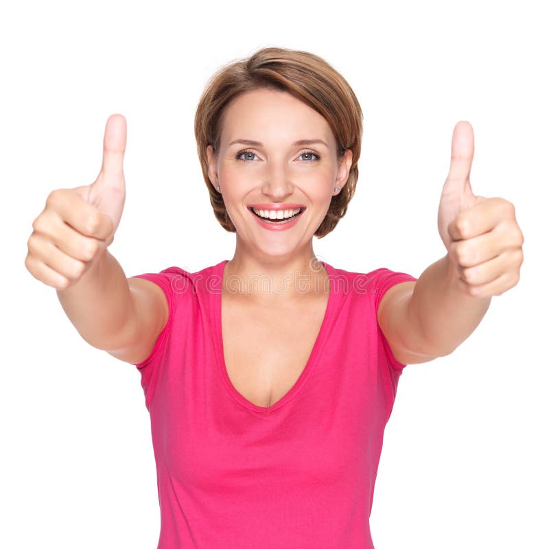 Portrait of a beautiful adult happy woman with thumbs up sign over white background. Portrait of a beautiful adult happy woman with thumbs up sign over white background