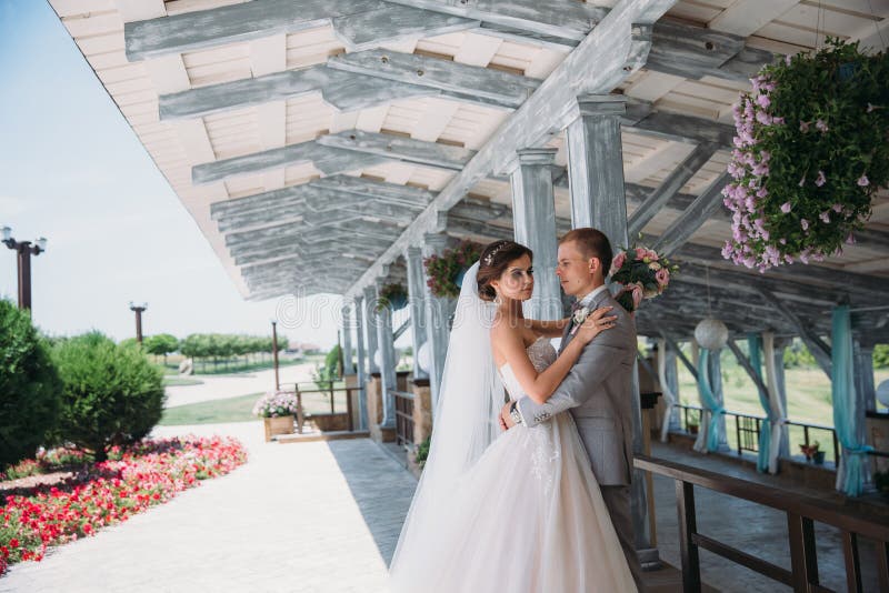 Портрет новобрачных на день свадьбы Groom в сером костюме с белой рубашкой и бабочкой обнимает красивую невесту стоковые фото Портрет новобрачных на день свадьбы Groom в сером костюме с белой рубашкой и бабочкой обнимает красивую невесту стоковые фото