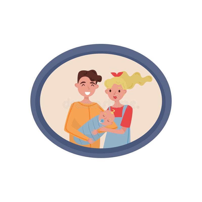 Портрет пожененных пар с newborn младенцем, семейного фото в иллюстрации вектора деревянной рамки на белой предпосылке бесплатная иллюстрация Портрет пожененных пар с newborn младенцем, семейного фото в иллюстрации вектора деревянной рамки на белой предпосылке бесплатная иллюстрация