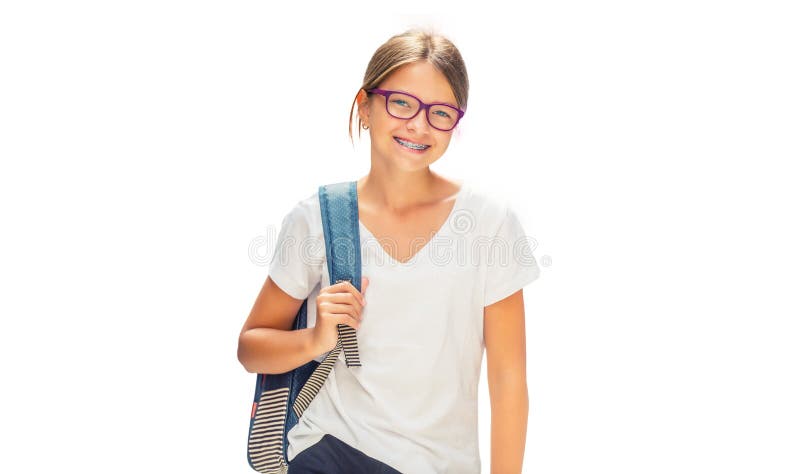 Portrait of modern happy teen school girl with bag backpack. Girl with dental braces and glasses isolated on white. Portrait of modern happy teen school girl with bag backpack. Girl with dental braces and glasses isolated on white.