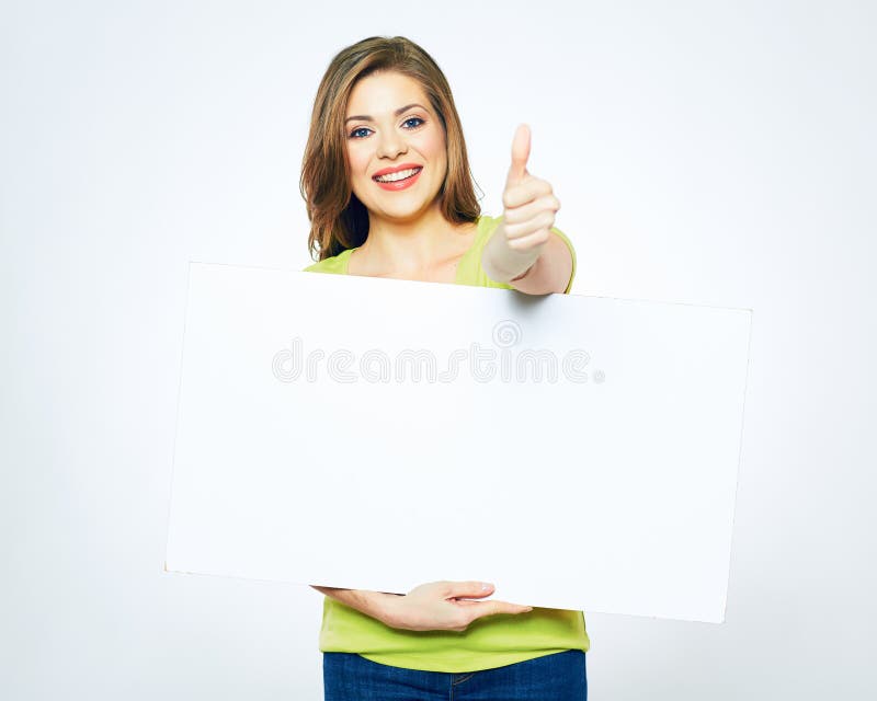 Portrait of smiling woman holding white blank sign board. female model toothy smiling. thumb up show young woman. Portrait of smiling woman holding white blank sign board. female model toothy smiling. thumb up show young woman.