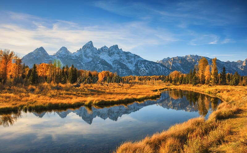 Sunrise on Schwabacher`s Landing, Grand Teton National Park in autumn in Wyoming USA. Sunrise on Schwabacher`s Landing, Grand Teton National Park in autumn in Wyoming USA