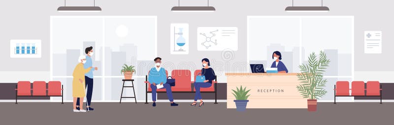 Посещения больницы приобретения вектора иллюстрации пожилые люди людей мультфильма плоских пациентов в посещении защитной маски бесплатная иллюстрация