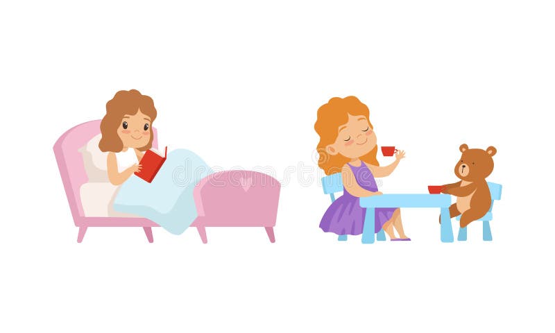 послушная девочка с хорошим размножением играет с плюшевым мишкой и читает книгу в постельном векторе иллюстрация вектора