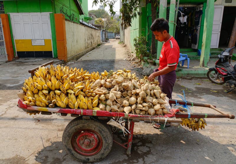 Поставщик продавая плодоовощи на улице в Bagan, Мьянме