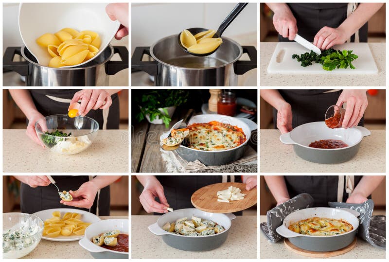 Постепенный коллаж делать испеченное заполненное Conchiglioni стоковые фото Постепенный коллаж делать испеченное заполненное Conchiglioni стоковые фото