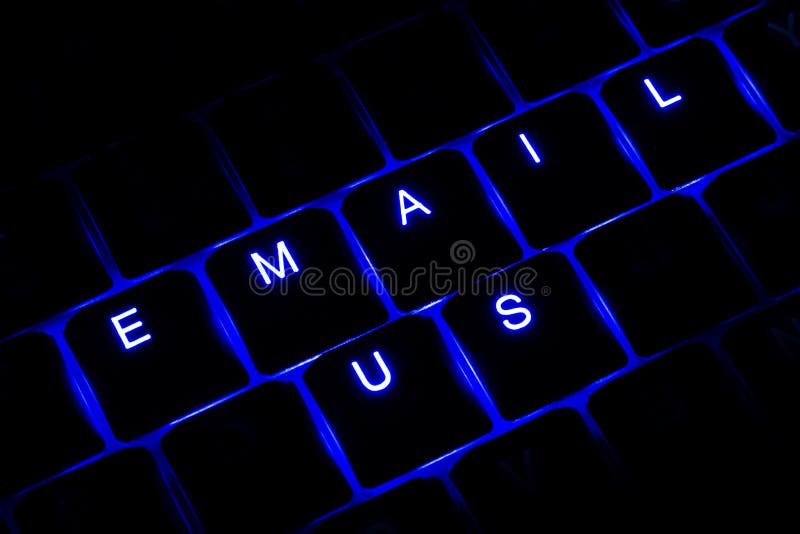 The words 'email us' spelt out on a blue backlit keyboard. letters on the surrounding keys are blank but are still illuminated. The words 'email us' spelt out on a blue backlit keyboard. letters on the surrounding keys are blank but are still illuminated.