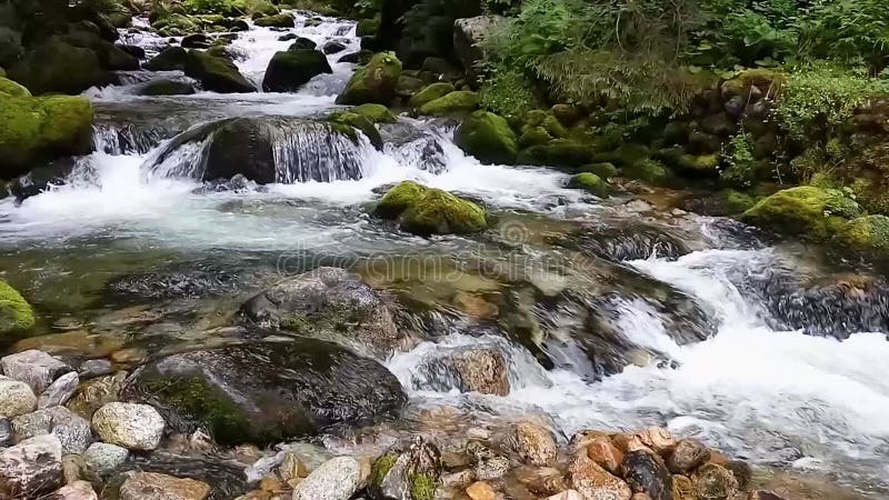 Потоки воды с камнями в быстром реке горы. Водопад.