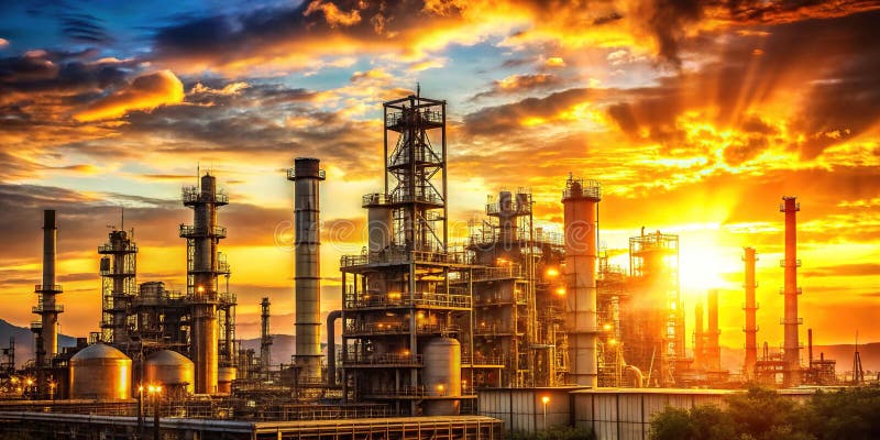Потрясающий силуэт нефтеперерабатывающего завода на 'Санрайз' - взгляд в глобальное производство энергии иллюстрация штока