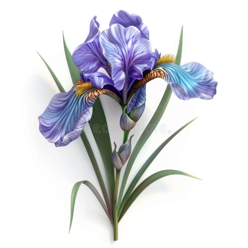 Потрясающий синий цвет и цветок Teal Iris с бутонами, изолированными на белом фоне иллюстрация штока