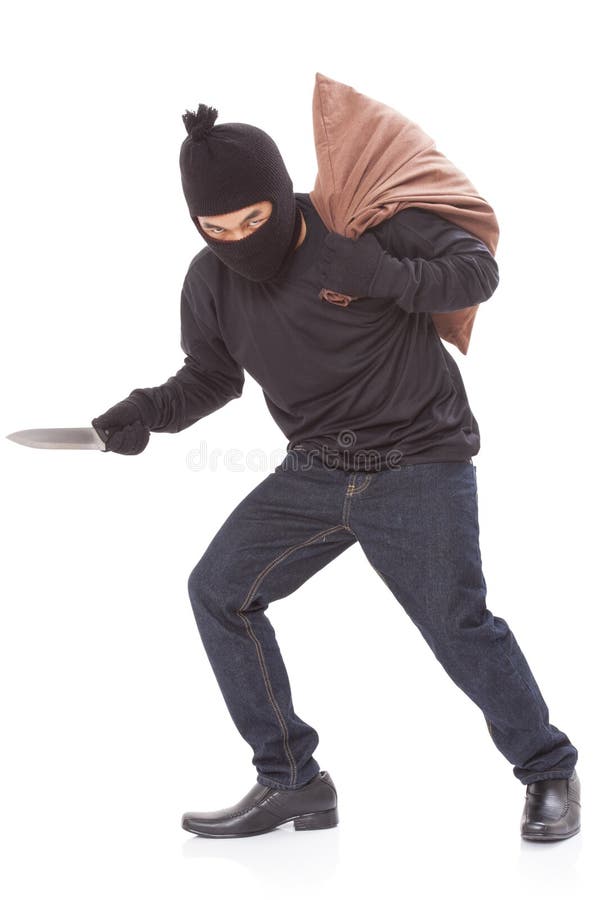 Thief with bag and holding knife on white background. Thief with bag and holding knife on white background