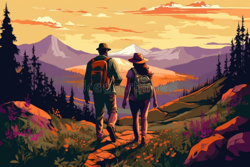 походное приключение пары в горах бесплатная иллюстрация